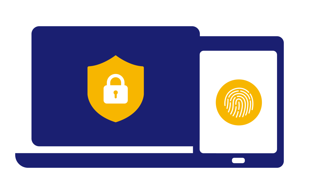 Laptop displaying secure padlock and tablet displaying fingerprint.