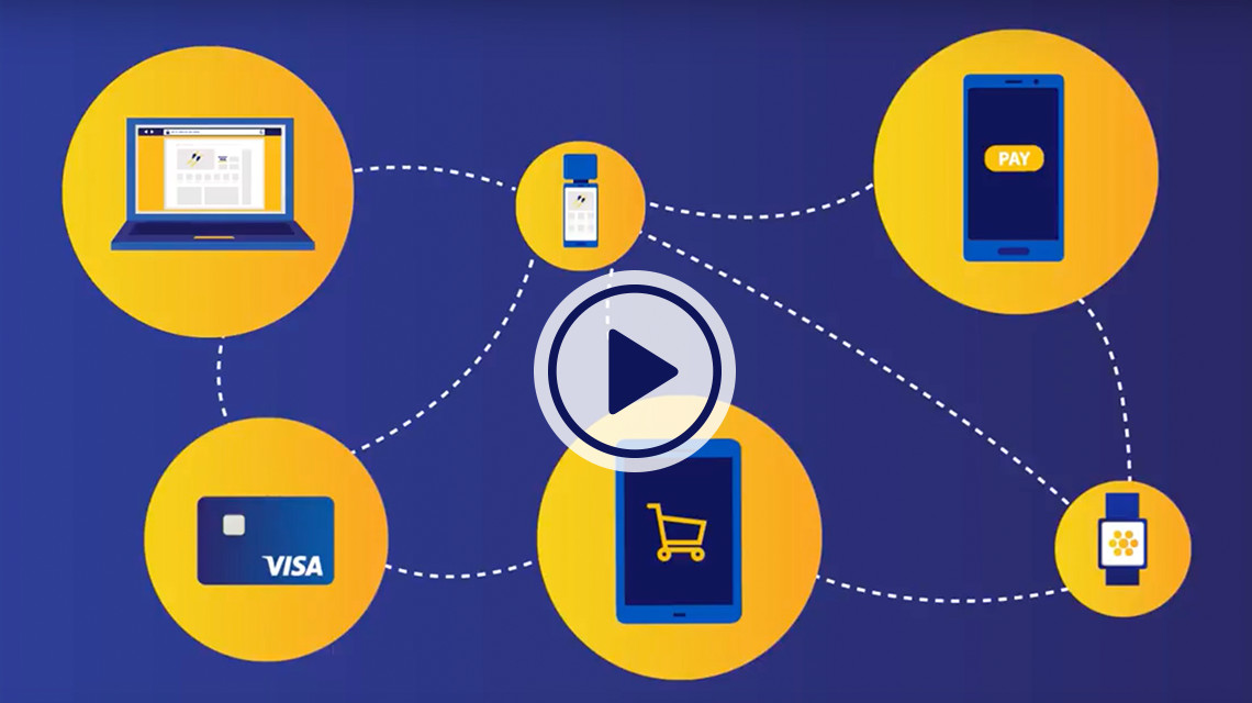 Interconnection between Visa credit card, laptop, smart phone, and smartwatch illustrated by dotted line.